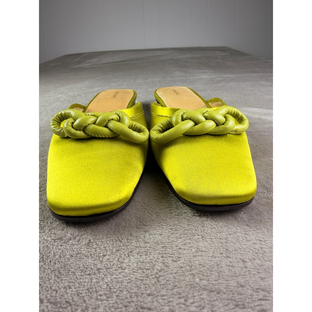 FRAME $348 Chartreuse Satin Le Island Flat 6 Braided Knot Mules Square Toe Green - Picture 6 of 9